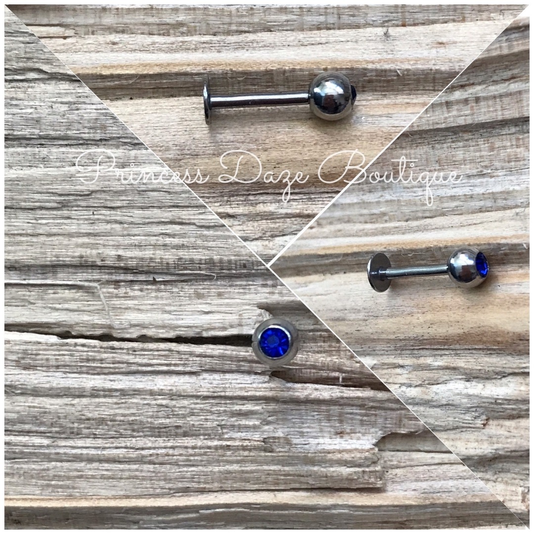 Silver Lip Labret Monroe Piercing Stud Blue Gemstone Flat Back